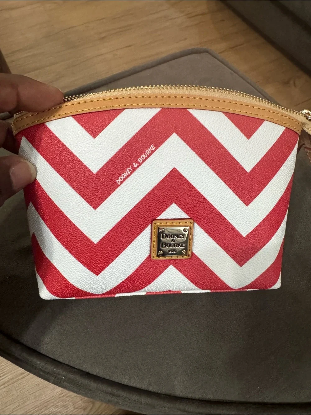 Dooney & Bourke Red and White Chevron Cosmetic Pouch with Tan Trim NWT